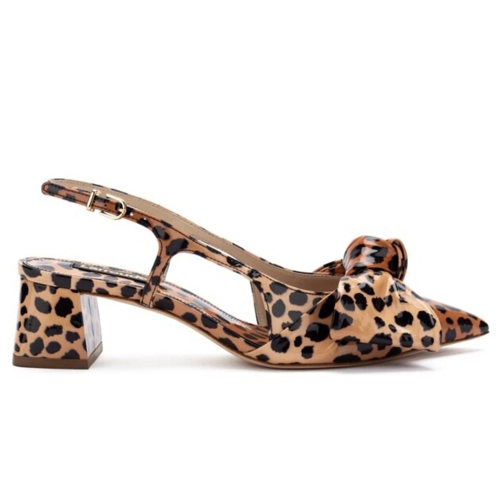 Larroude Elle Cheetah Print Patent Leather Slingback Block Heel Pumps Bow 39 - Picture 2 of 9